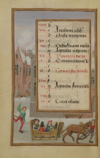Ms 1058-1975 f1v Escena Callejera en la Nieve, página de calendario iluminada para enero, de un Libro de Horas, c.1500 de Flemish School