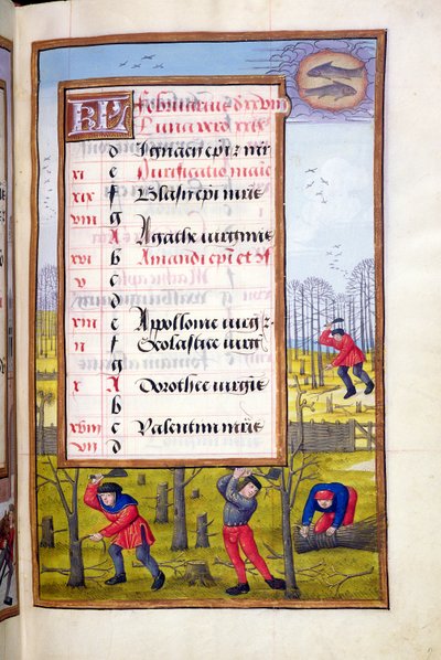 Ms 1058-1975 f2r Cortando Árboles y Atando Leña, página iluminada para febrero, de un Libro de Horas, c.1500 de Flemish School