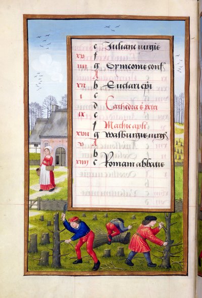 Ms 1058-1975 f2v Cortando Árboles y Atando Leña, de un Libro de Horas, c.1500 de Flemish School