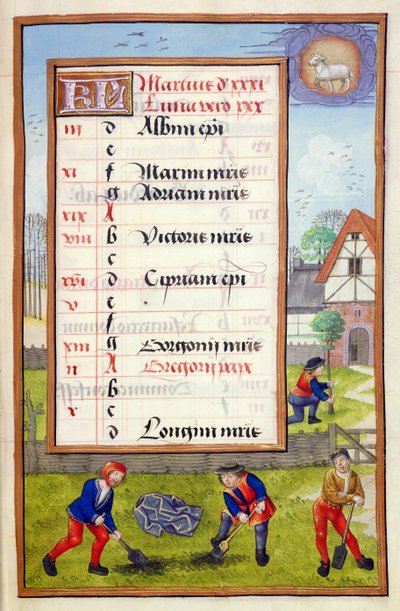 Ms 1058-1975 f3r Cavando y Plantando Árboles, página de calendario iluminada para marzo, de un Libro de Horas, c.1500 de Flemish School