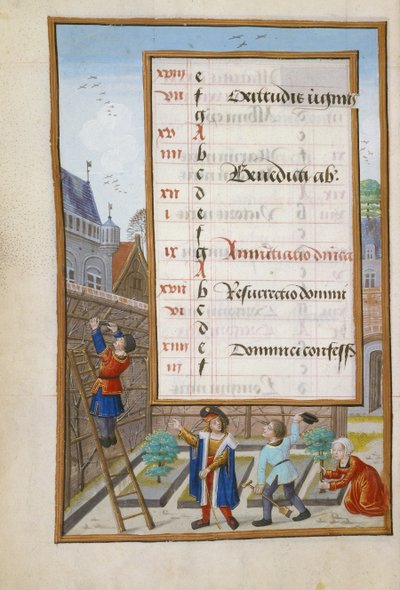Ms 1058-1975 f3v Propietario Dando Órdenes a sus Jardineros, página de calendario iluminada para marzo, de un Libro de Horas, c.1500 de Flemish School