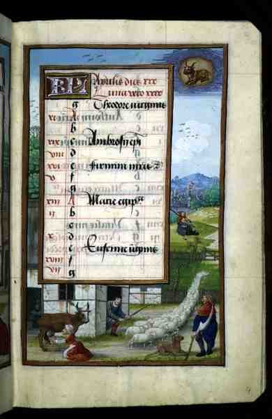 Ms 1058-1975 f4r Escena de Granja, página de calendario iluminada para abril, de un Libro de Horas, c.1500 (pergamino) de Flemish School