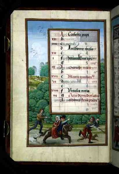 Ms 1058-1975 f4v Un Maestro y su Dama Cabalgan con la Caza, página de calendario iluminada para abril, de un Libro de Horas, c.1500 de Flemish School