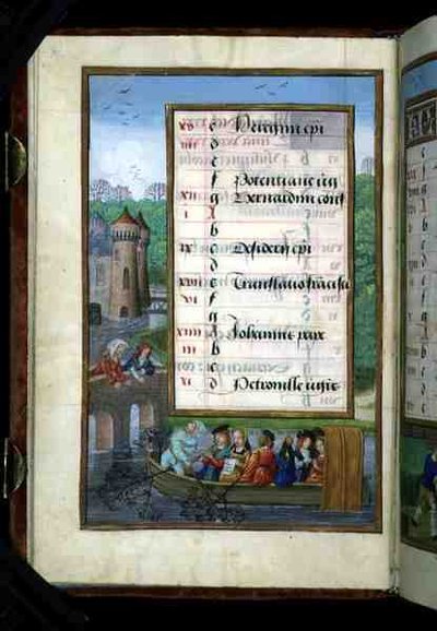 Ms 1058-1975 f5v Una fiesta en barco en un río, página de calendario iluminada para mayo, de un Libro de Horas, c.1500 (pergamino) de Flemish School