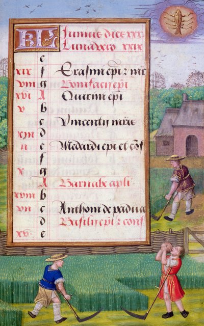 Ms 1058-1975 f6r Cortando hierba, página de calendario iluminada para junio, de un Libro de Horas, c.1500 (pergamino) de Flemish School