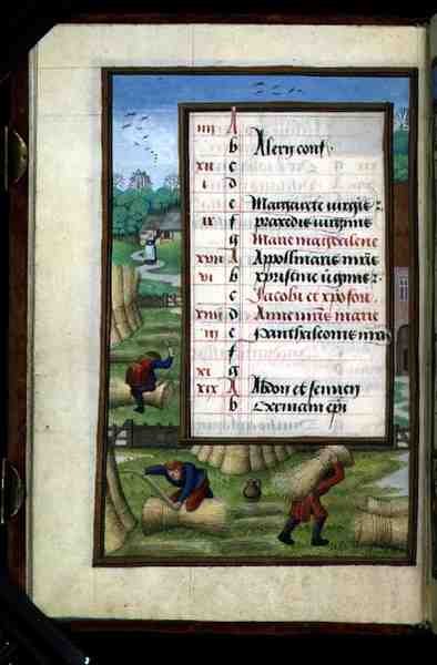 Ms 1058-1975 f7v Atando y Transportando Gavillas, página de calendario iluminada para julio, de un Libro de Horas, c.1500 de Flemish School