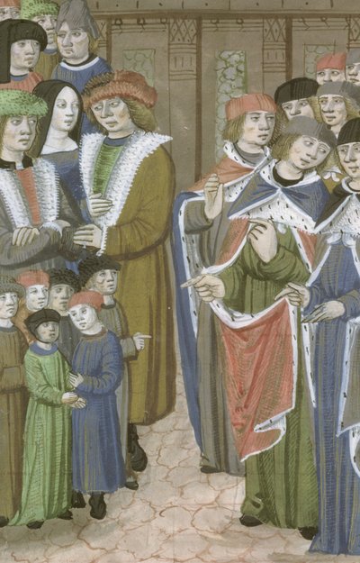 Grupo de doctores, hombres, mujeres y niños, de De Medina Fen I. II, de Avicena (980-1037) de Flemish School