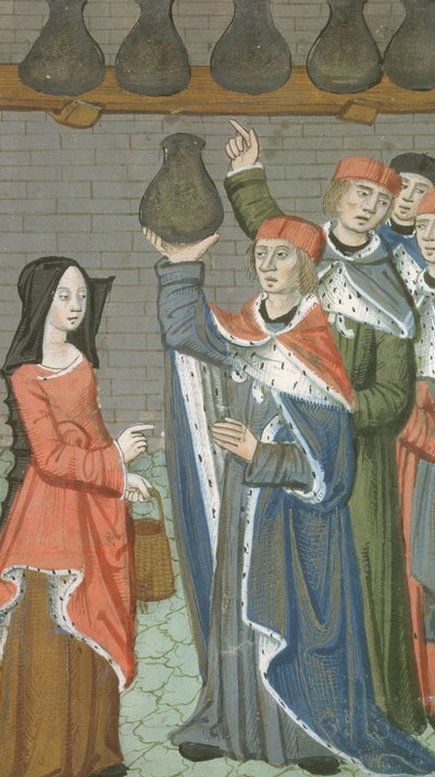 Mujer con cesta trayendo urinalis magnus, de De Medina Fen I. II, de Avicena (980-1037) de Flemish School