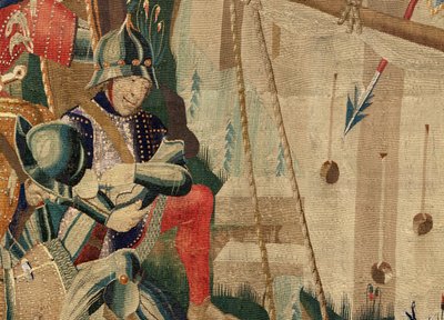 Museo Parroquial de Tapices (Museo Parroquial de Tapices de Pastrana). Tapiz flamenco. El desembarco de Arzila (El desembarco de Arzila, Desembarco y Arzila). Serie Conquistas del Rey Alfonso I de Portugal (Conquistas del Rey Alfonso V de Portugal). Torneo de Flemish School