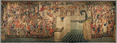 Parish museum of tapestries (Museo Parroquial de Tapices de Pastrana). Flemish tapestry. Conquest of Tanger (Toma de Tánger, De inname van Tanger). Series Conquests of king Alfonso I of Portugal (Conquistas de Alfonso V de Portugal). Tournai. Wool and silk de Flemish School