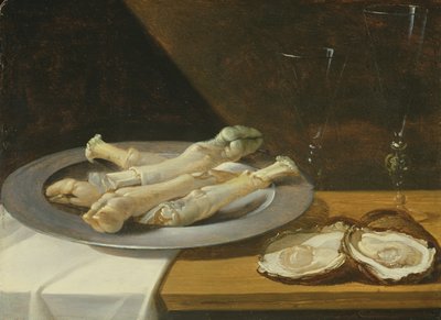 Manitas de cerdo en un plato de peltre con ostras y copas de vino en una mesa con mantel, c.1630 de Flemish School