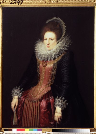 ""Portrait of a lady with a fan" (Retrato de una dama con abanico) dama de riqueza, con gorguera y vestido bordado. Pintura de la escuela flamenca hacia 1610. Museo Pushkin, Moscú de Flemish School