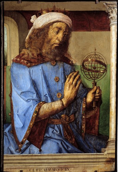 Retrato de Ptolomeo (Claudio Ptolomeo, ca. 90-168), astrónomo griego. Pintura de Pedro Berruguete (ca. 1450-antes de 1504) y Justo de Gante (1435-1480) Ec. Flam de Flemish School
