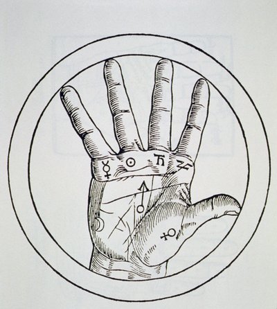 Posición de los planetas en la mano derecha, copia de una ilustración de De Occulta Philosophia Libri III, por Henricus Cornelius Agrippa, Amberes 1533, usado en una Historia de la Magia, publicado a finales del siglo XIX de Flemish School