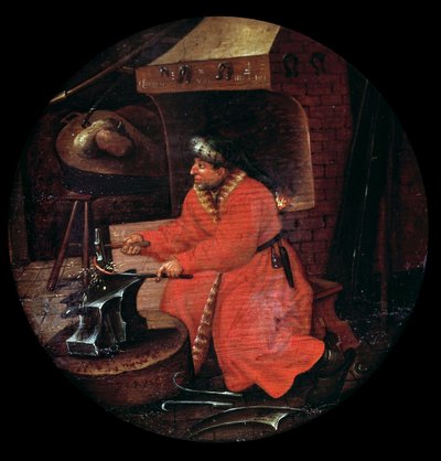 Representación de un herrero artesano en su herrería golpeando una barra de metal sobre un yunque de Flemish School