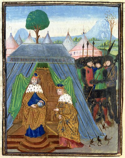 Roy 15 E I f.321v Baldwin II visita a Manuel Comnenus, de Outremer