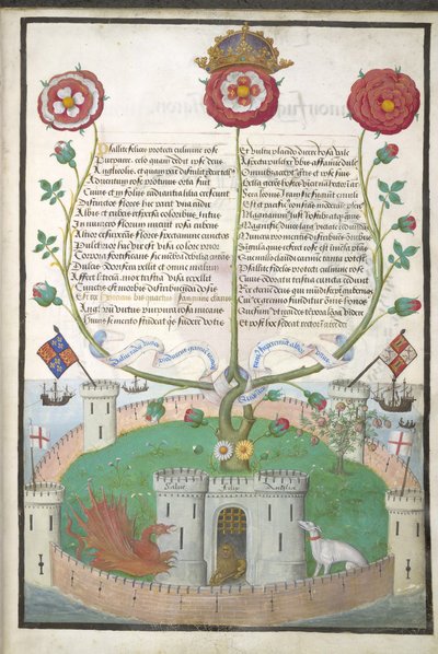 Royal MS 11 E Xl fol.2 Versos con símbolos Tudor, c.1516 (vitela) de Flemish School
