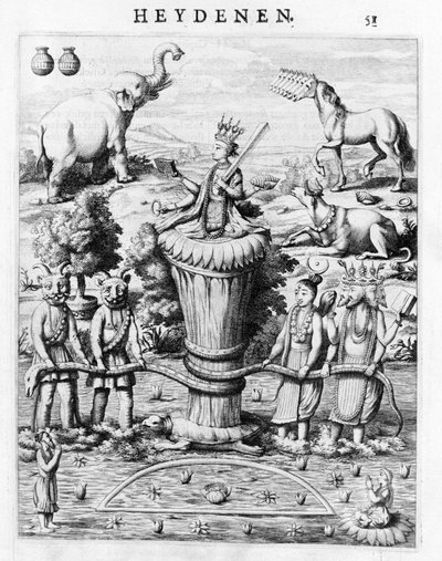 Samudramathana, con la participación de Deva (Surya, Shiva, Vishnu, Brahma) con demonios y monturas. Según Baldaeus Philippus Afgoderye der oost-indische Heydenen. Ámsterdam 1672 de Flemish School