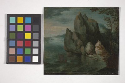 Paisaje marino con un acantilado alto (óleo sobre cobre) de Flemish School