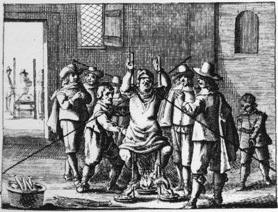 Hechicero al que se tortura con el collar - grabado de 1725 en 