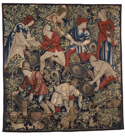 Tapiz que representa a campesinos cazando conejos con hurones, Tournai, c.1450-75 (lana) de Flemish School