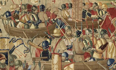 Tapiz que muestra las Conquistas del rey Alfonso V de Portugal, Tournai. (Detalle) de Flemish School