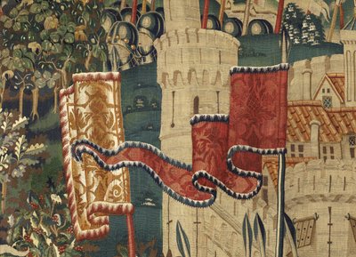 Tapiz que muestra las conquistas del rey Alfonso V de Portugal, Tournai. (detalle) de Flemish School