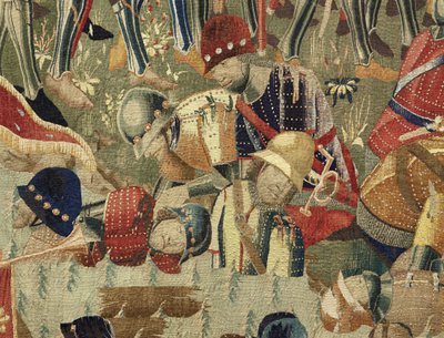 Tapiz que muestra las conquistas del rey Alfonso V de Portugal (Conquistas de Alfonso V de Portugal), Tournai. (Detalle) de Flemish School