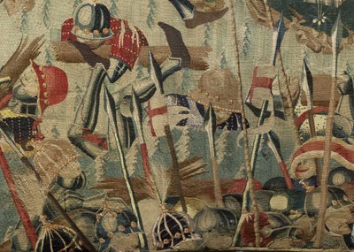 Tapiz que muestra las conquistas del rey Alfonso V de Portugal (Conquistas de Alfonso V de Portugal), Tournai. (Detalle) de Flemish School