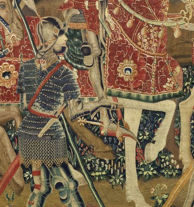 Tapiz que muestra las conquistas del rey Alfonso V de Portugal (Conquistas de Alfonso V de Portugal), Tournai. (Detalle) de Flemish School