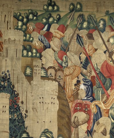 Tapiz que muestra las conquistas del rey Alfonso V de Portugal (Conquistas de Alfonso V de Portugal), Tournai. (Detalle) de Flemish School