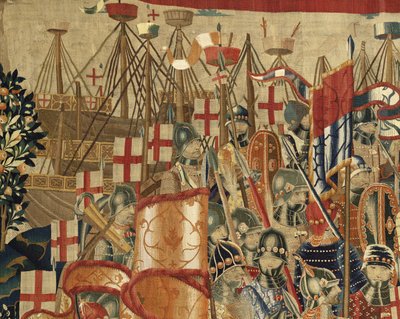 Tapiz que muestra las conquistas del rey Alfonso V de Portugal (Conquistas de Alfonso V de Portugal), Tournai. (Detalle) de Flemish School