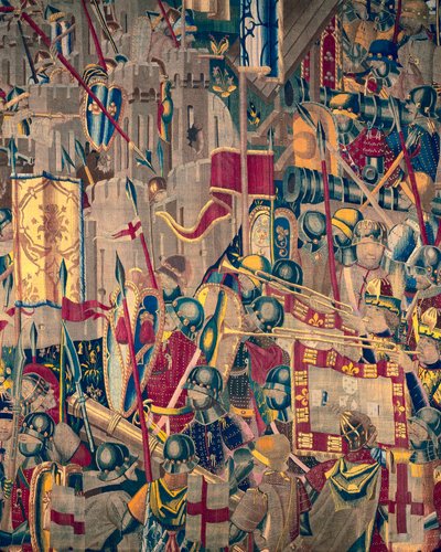 Tapiz que muestra las Conquistas del rey Alfonso V de Portugal, Tournai. Detalle de Flemish School