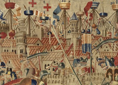 Tapiz que muestra las conquistas del rey Alfonso V de Portugal, Tournai. (detalle) de Flemish School