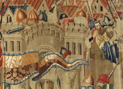 Tapiz que muestra las conquistas del rey Alfonso V de Portugal, Tournai. (detalle) de Flemish School
