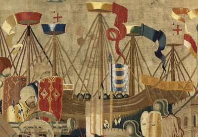 Tapiz que muestra las Conquistas del rey Alfonso V de Portugal (Conquistas de Alfonso V de Portugal), Tournai. (detalle) de Flemish School