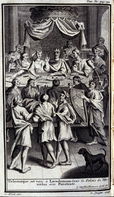 Telémaco es recibido en Lacedemonia en el palacio de Menelao con Pisístrato. Ilustración para el libro IV de la Odisea de Homero, en la Odisea, publicada en Ámsterdam en 1731, Milán de Flemish School
