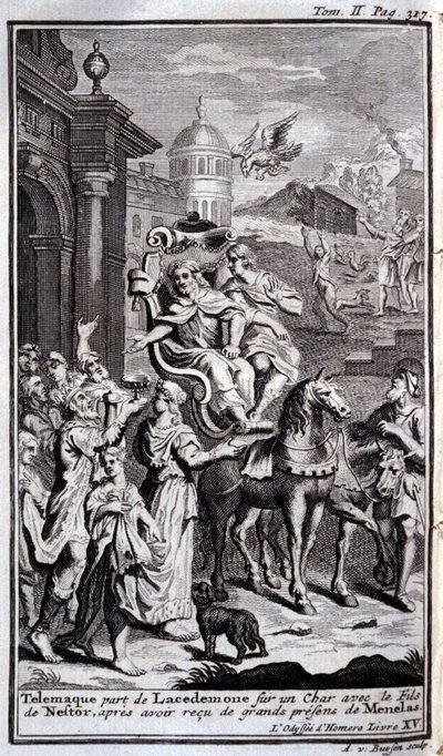 Telémaco deja Lacedemonia en un carro con el hijo de Néstor después de recibir grandes regalos de Menelao. Ilustración para el libro XV de la Odisea de Homero, en la Odisea, publicada en Ámsterdam en 1731, Colección privada Milán de Flemish School