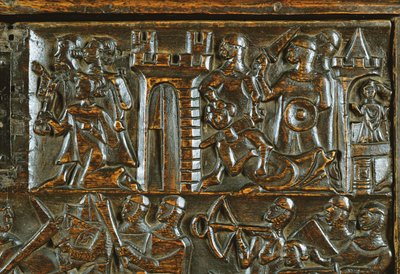 El cofre de Courtrai que representa a los soldados de infantería flamencos derrotando a la caballería francesa (detalle) de Flemish School