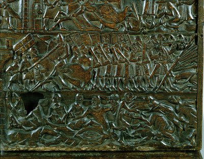 El cofre de Courtrai que representa la línea de batalla flamenca durante la Batalla de las Espuelas de Oro, luchada en Courtrai en 1302 (detalle) de Flemish School