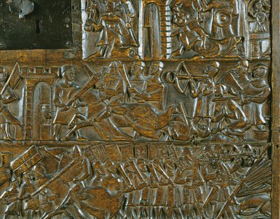 El cofre de Courtrai que representa el levantamiento en Brujas el 18 de mayo, durante la Batalla de las Espuelas de Oro luchada en Courtrai en 1302 (detalle) de Flemish School