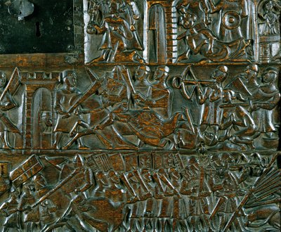 El cofre de Courtrai que representa dos escenas de la Batalla de las Espuelas de Oro luchada en Courtrai en 1302 (detalle) de Flemish School
