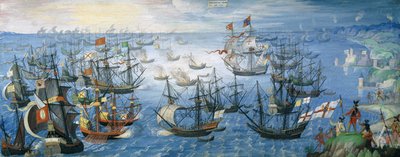 El lanzamiento de barcos de fuego ingleses sobre la flota española frente a Calais con la Reina Isabel I (1533-1603) a caballo en la costa, en la noche del 7 de agosto de 1588, c.1605 de Flemish School