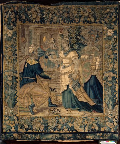 Las colecciones universitarias. Tapiz flamenco. Las hijas de Jetro le cuentan a su padre sobre su encuentro con Moisés. Oudenaarde. 1550 aprox. de Flemish School