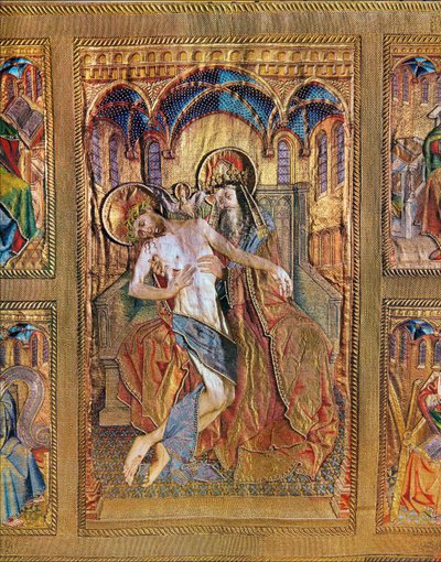 Trono de la Misericordia, Padrino sosteniendo al hijo sobre sus rodillasAltar antependium de las vestiduras de misa borgoñonas ... (bordados sobre lino, hilos de oro y plata, seda, terciopelo, perlas, cristal) de Flemish School