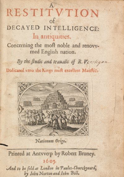 Página de título de Restitución de la Inteligencia Decaída por Richard Verstegam, Amberes, 1605 de Flemish School