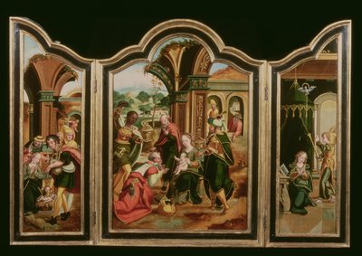 Tríptico: La adoración de los magos (panel central), Anunciación (panel izquierdo), Adoración de los pastores (panel derecho) de Flemish School