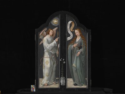 Tríptico con la Virgen y el Niño, Santa Bárbara y Santa Catalina (óleo sobre madera) de Flemish School