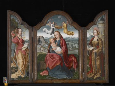 Tríptico con la Virgen y el Niño, Santa Bárbara y Santa Catalina (óleo sobre madera) de Flemish School