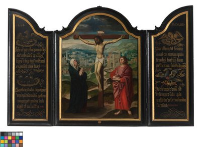 Tríptico con Crucifixión y textos (óleo sobre tabla) de Flemish School